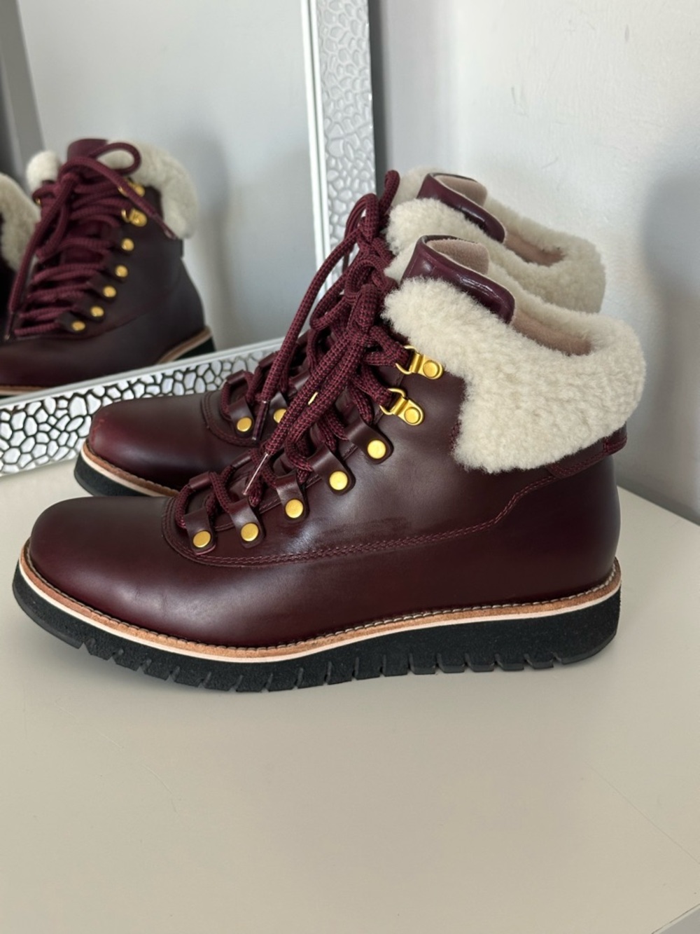 Cole Haan dark burgundy Leather GrandExplore Boot with Cream Shearling Sz 7.5B